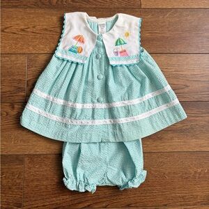 Vintage Class Club Baby Blue Striped Beach Summer Dress and Bloomers 12 months